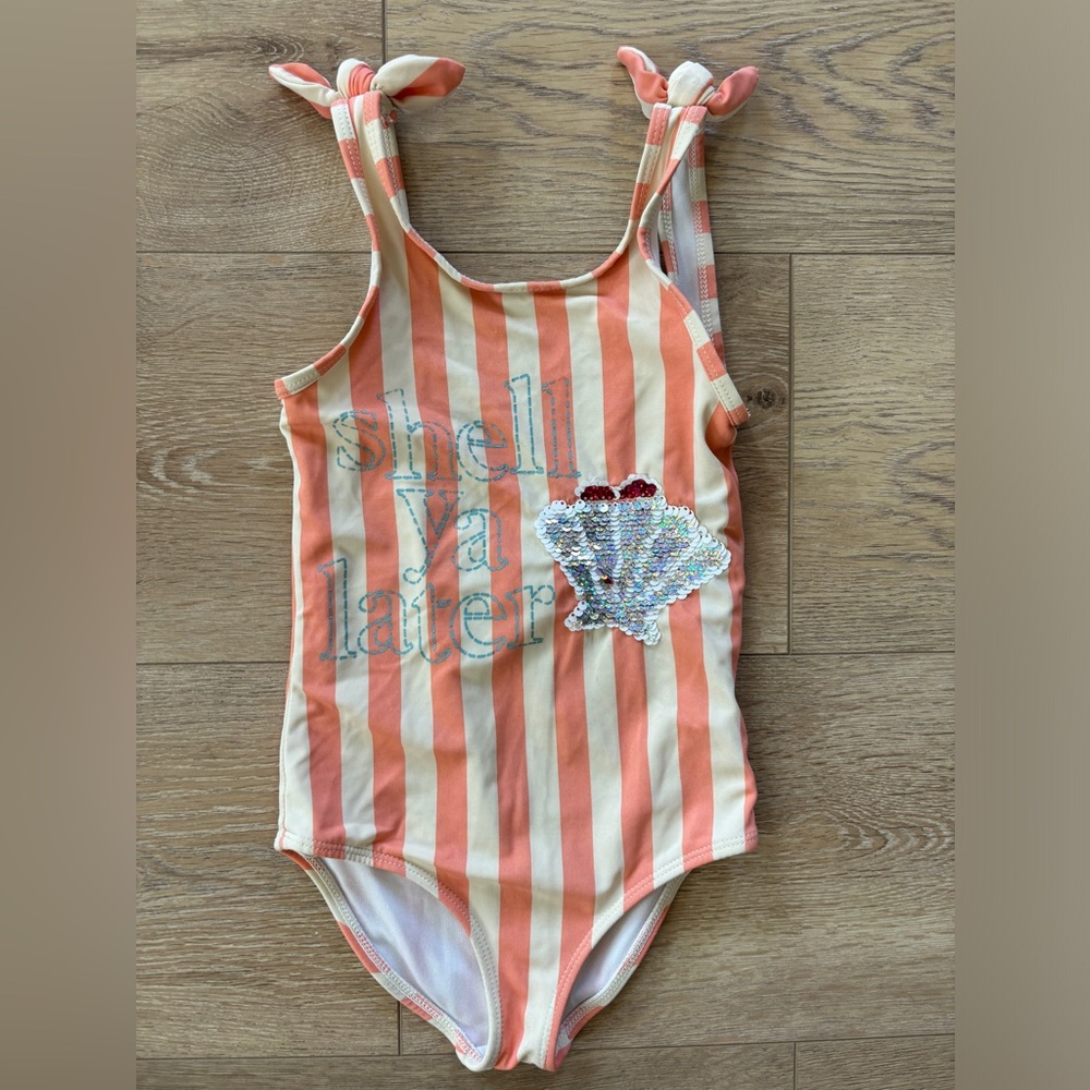Jessica Simpson Girls SZ 5 Striped Seashell Sequin Swimsuit
